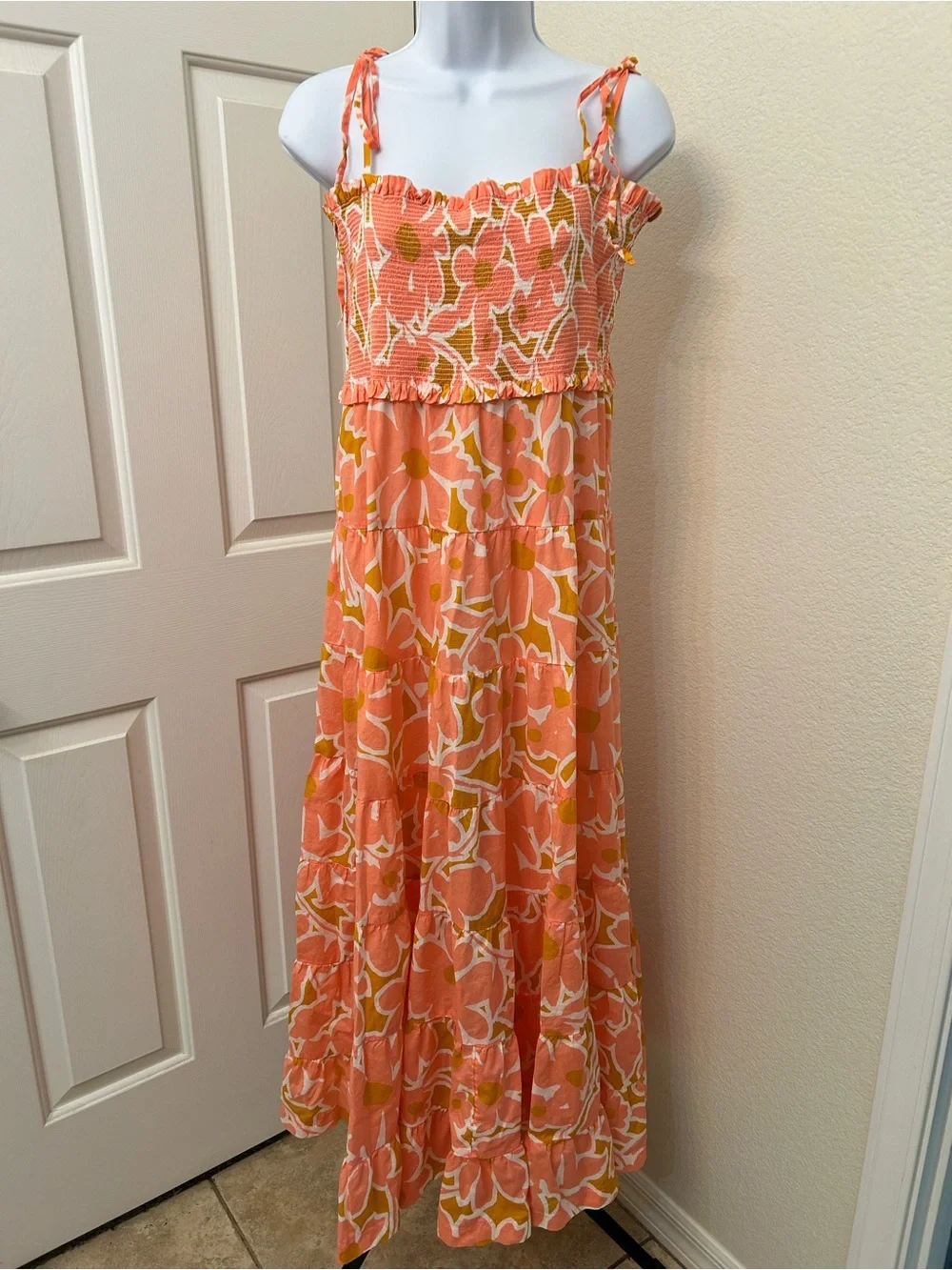 J. Crew Orange Floral Smocked Tie-Shoulder Maxi Dress